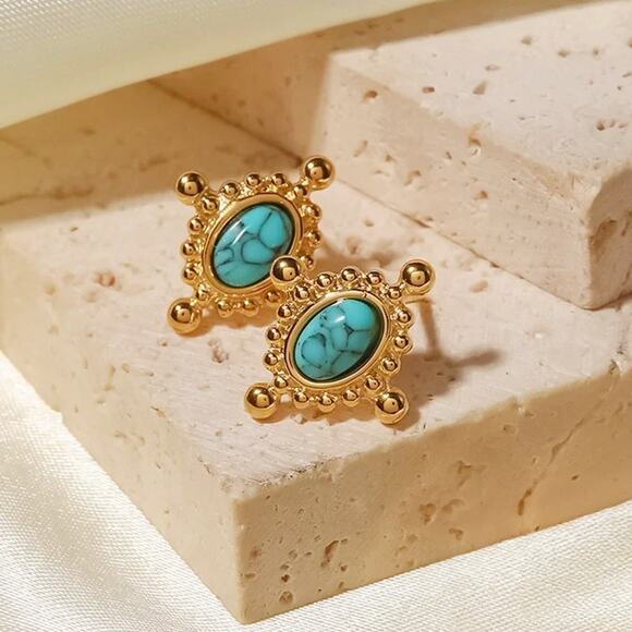 Vintage Inlaid Turquoise Stone Stud Earrings 18K Gold Plated Stainless Steel - Picture 4 of 8